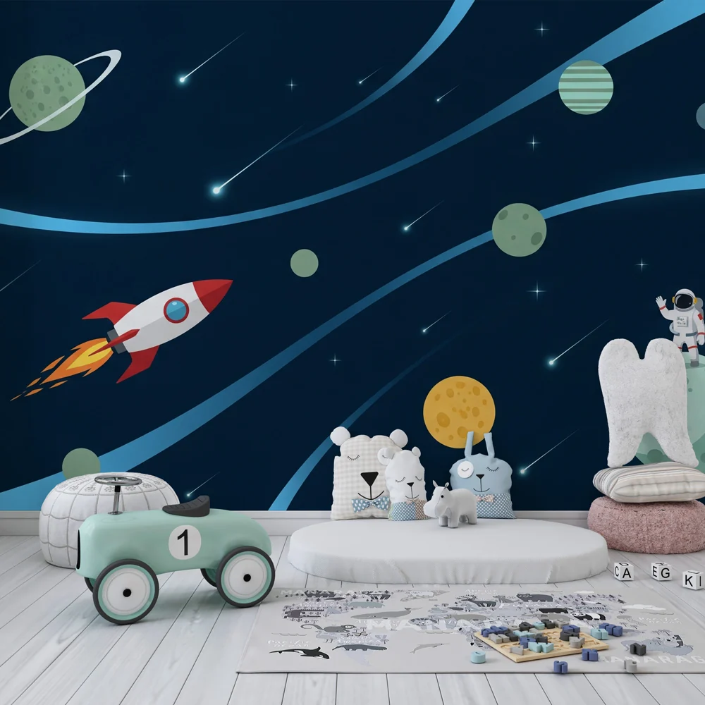 Papel de parede crianç | Espaço de aventura com foguete e astronauta