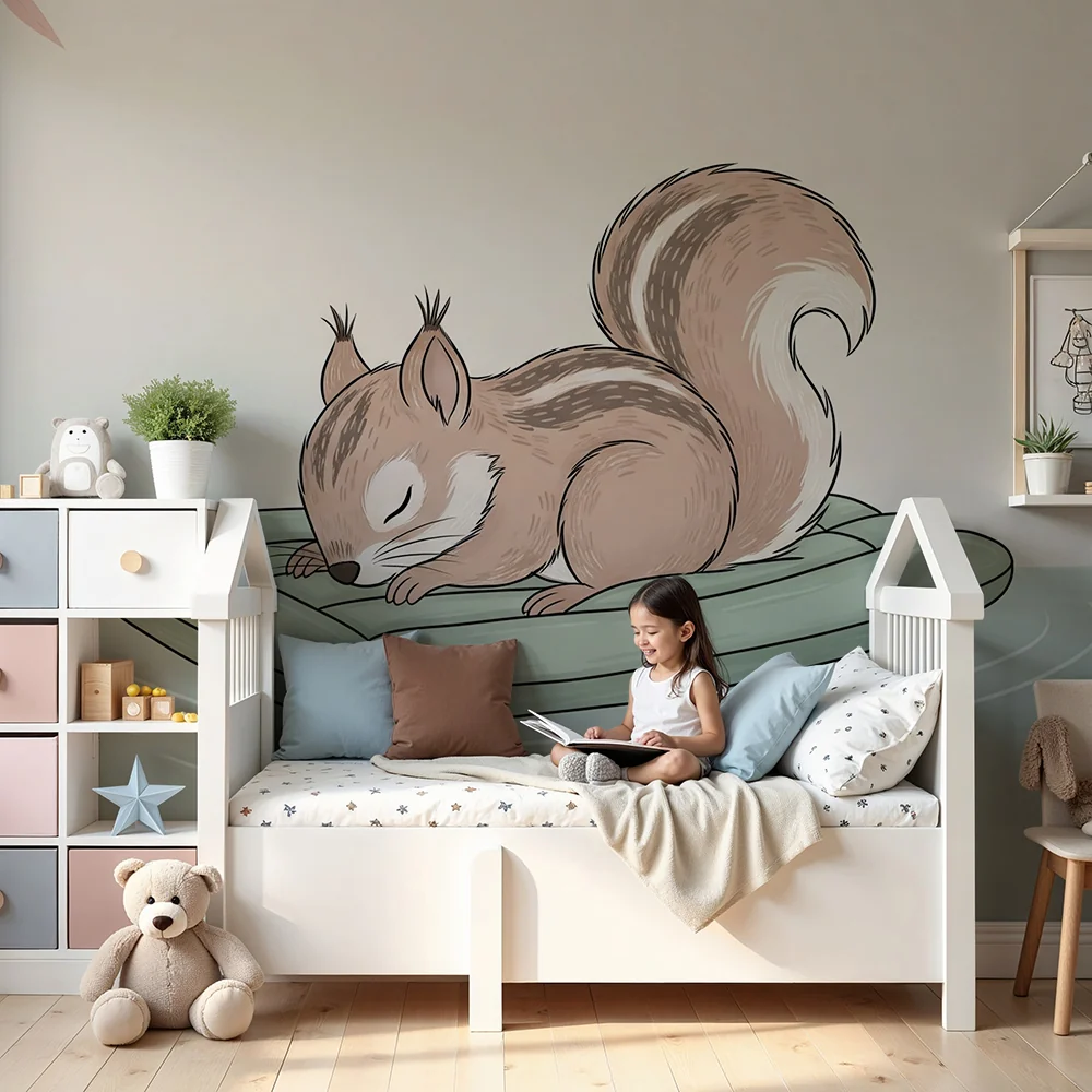 Papel de parede crianç | Esquilo descansando em um colchão flutuante