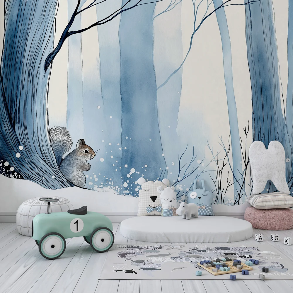 Papel de parede crianç | Esquilo na neve na floresta de inverno