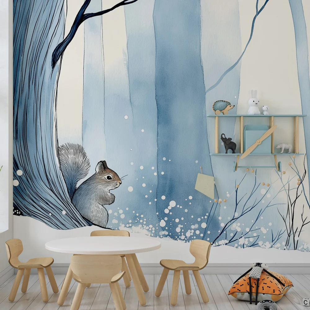 Papel de parede crianç | Esquilo na neve na floresta de inverno