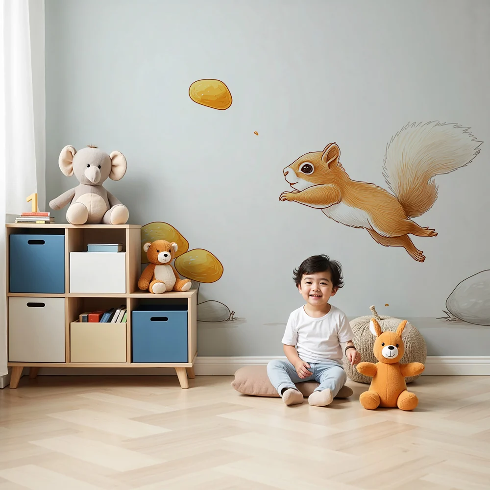 Papel de parede crianç | Esquilo travesso e cogumelos coloridos na floresta