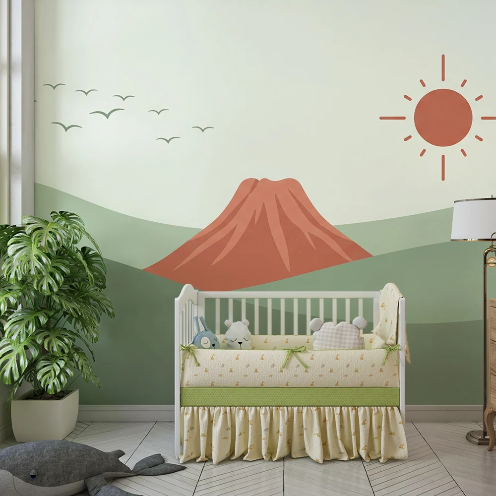Papel de parede crianç | Estilizada montanha com sol e pássaros voando