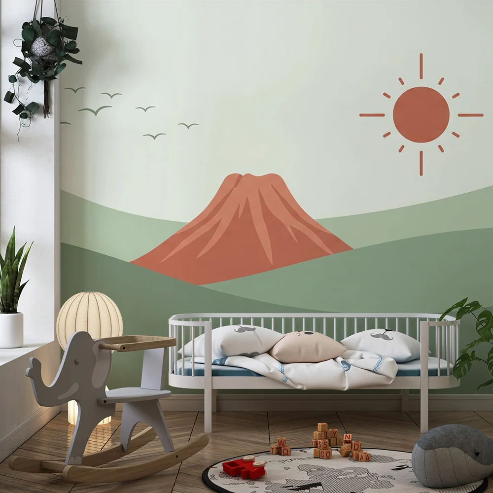 Papel de parede crianç | Estilizada montanha com sol e pássaros voando