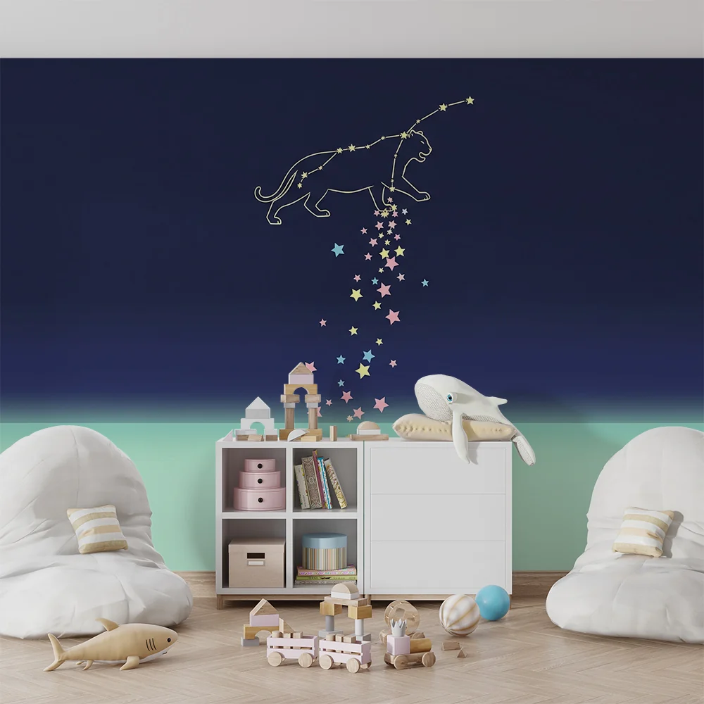 Papel de parede crianç | Estrela de pantera e chuva de cores pastel