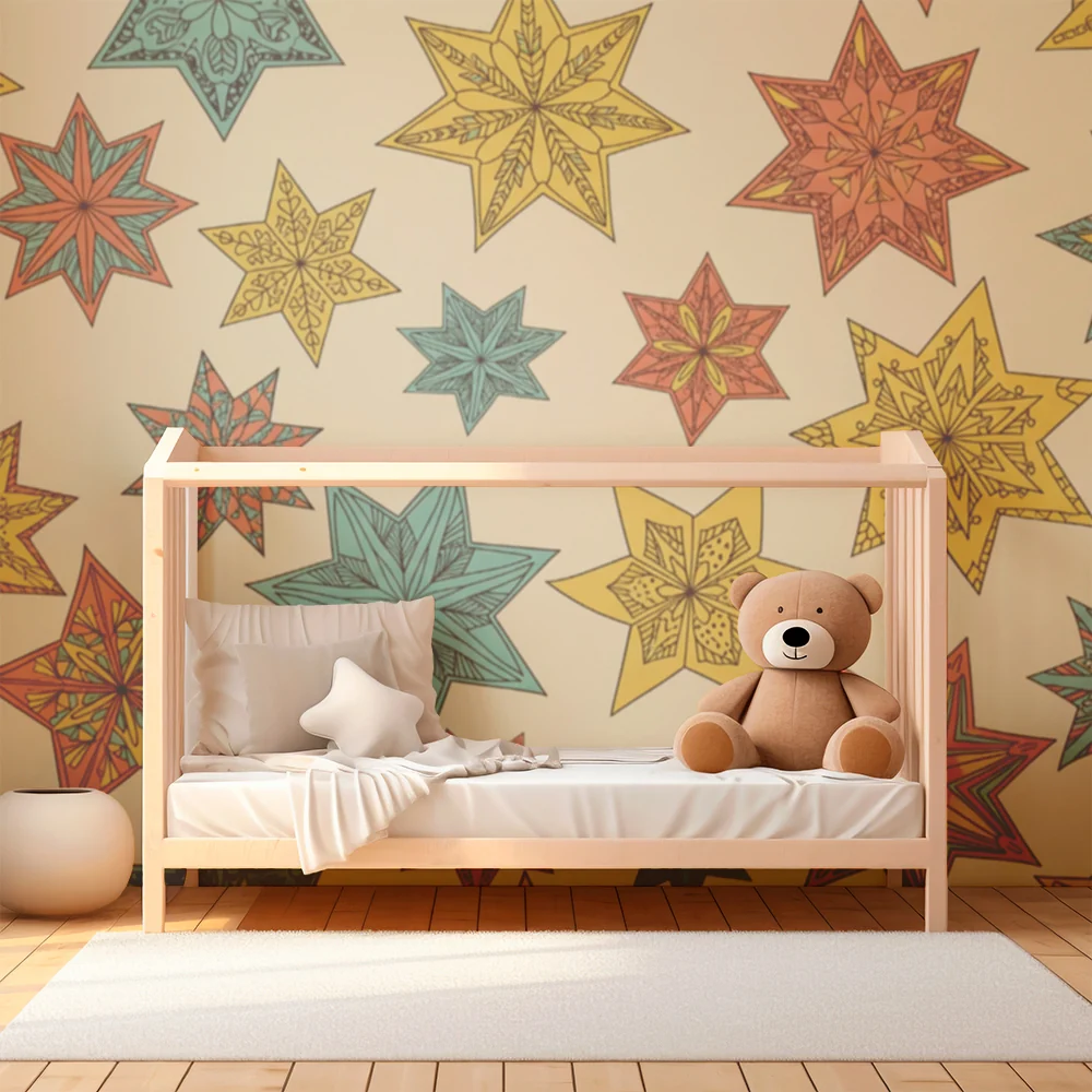Papel de parede crianç | Estrelas coloridas e padrões geométricos em fundo creme