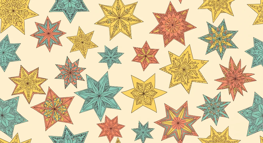 Papel de parede crianç | Estrelas coloridas e padrões geométricos em fundo creme