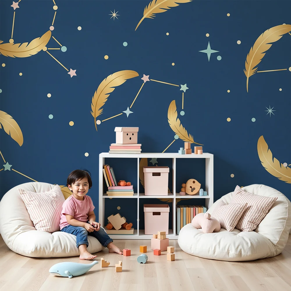 Papel de parede crianç | Estrelas douradas e penas em fundo azul escuro
