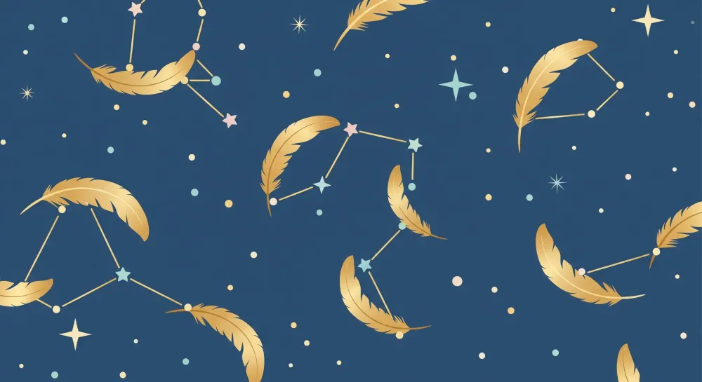 Papel de parede crianç | Estrelas douradas e penas em fundo azul escuro