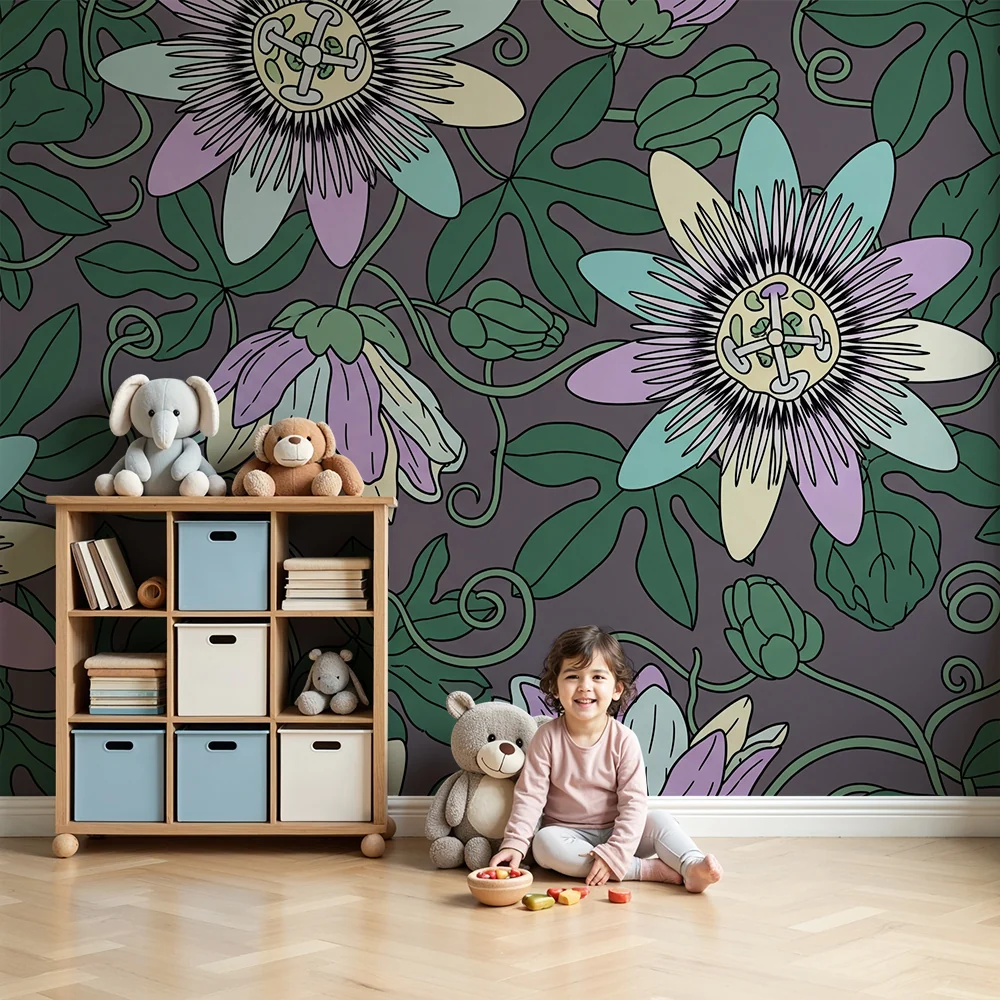 Papel de parede crianç | Exóticas flores e folhagem vibrante em fundo suave