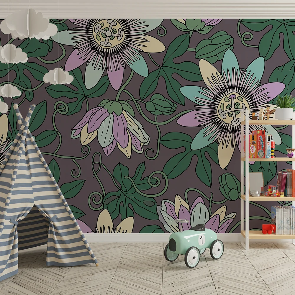 Papel de parede crianç | Exóticas flores e folhagem vibrante em fundo suave