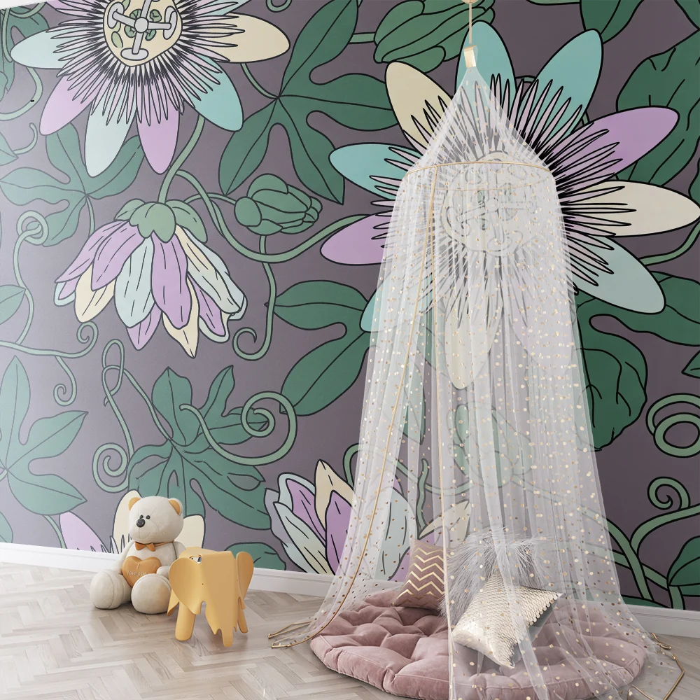 Papel de parede crianç | Exóticas flores e folhagem vibrante em fundo suave