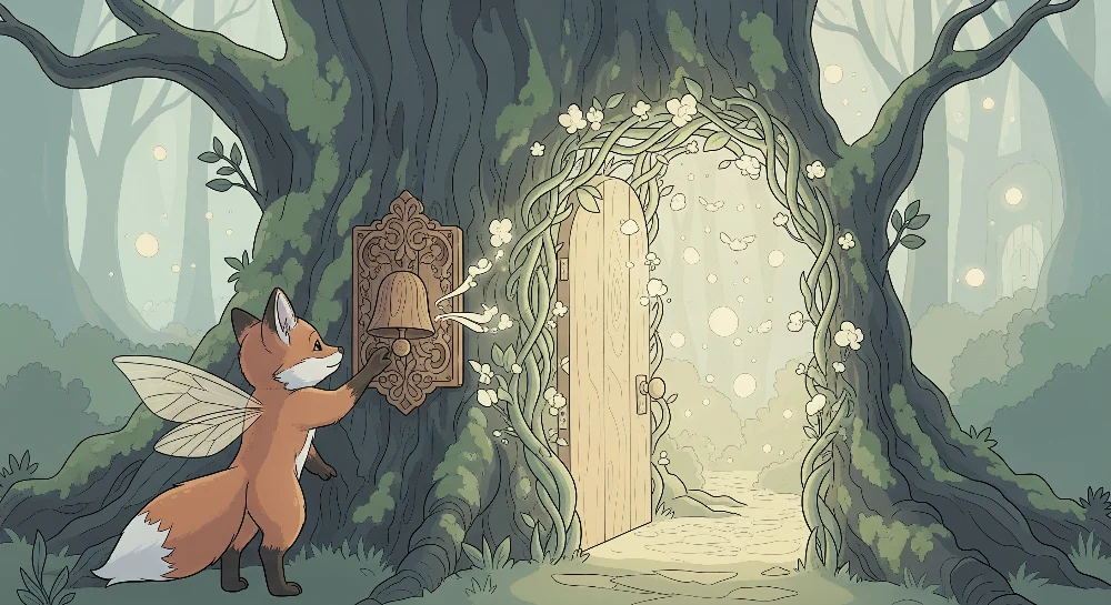 Papel de parede crianç | Fada raposa diante de uma porta mágica na floresta