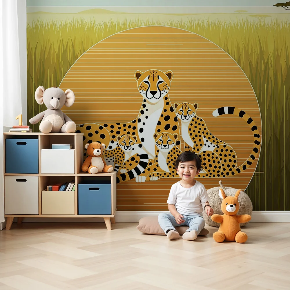 Papel de parede crianç | Família de leopardos na savana dourada