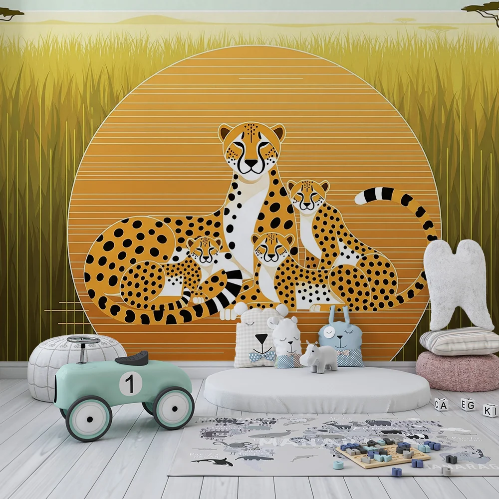 Papel de parede crianç | Família de leopardos na savana dourada