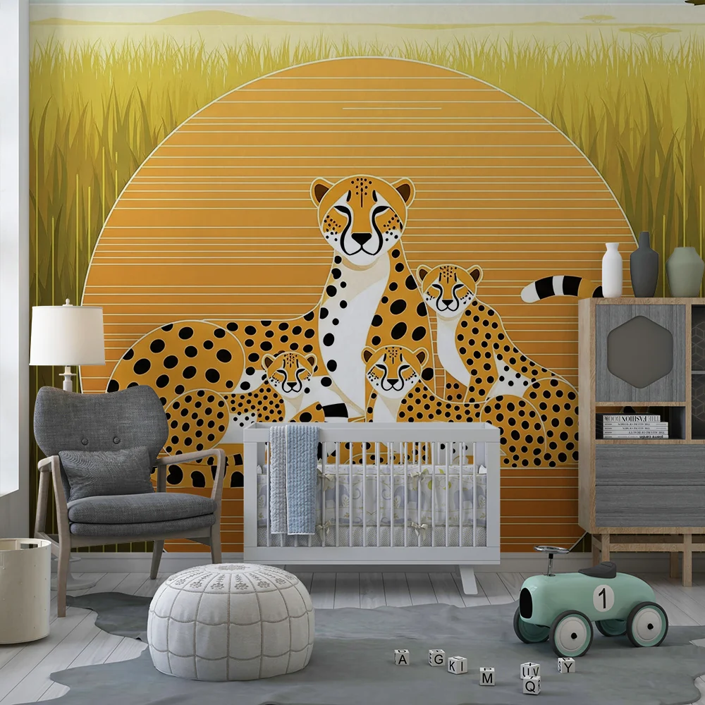 Papel de parede crianç | Família de leopardos na savana dourada