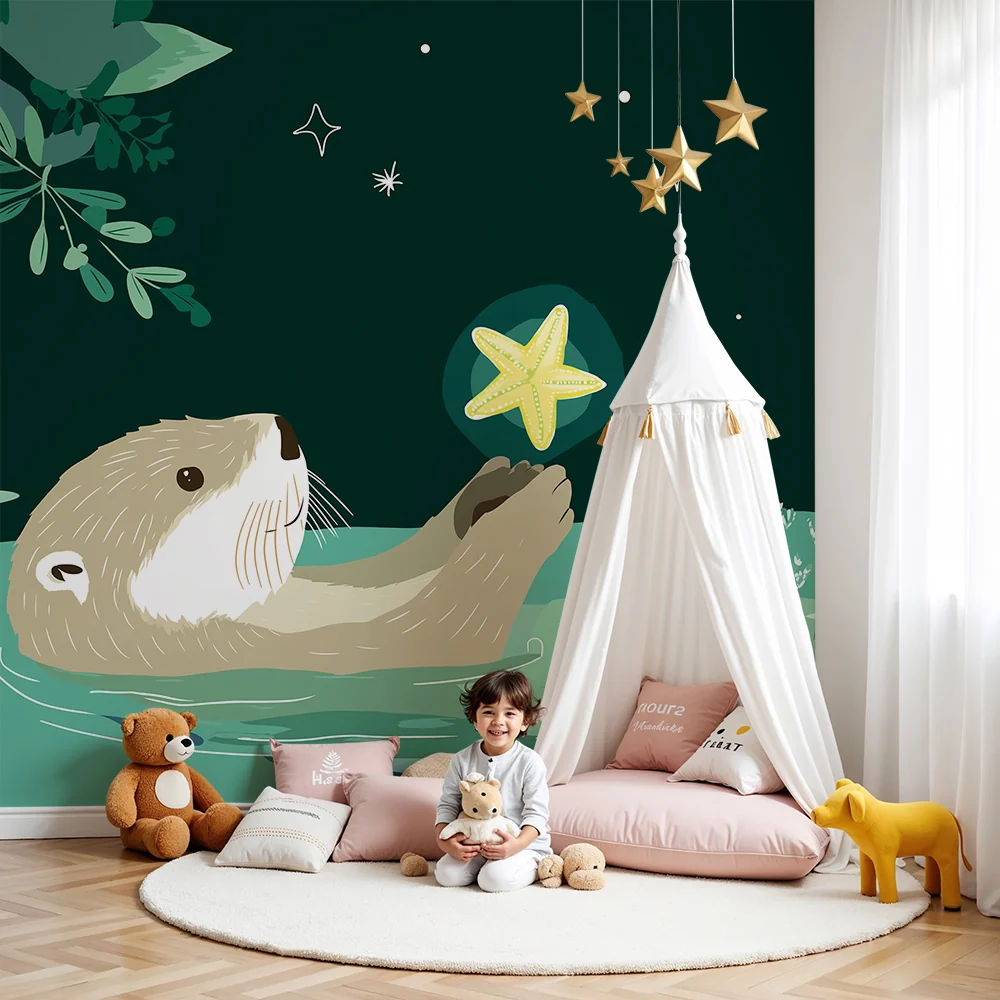 Papel de parede crianç | Feliz lontra com estrela do mar sob um céu estrelado
