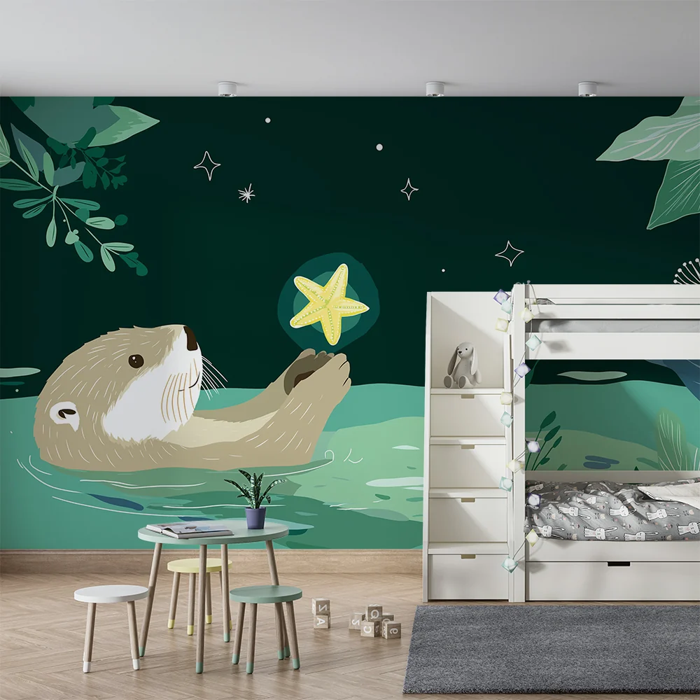Papel de parede crianç | Feliz lontra com estrela do mar sob um céu estrelado