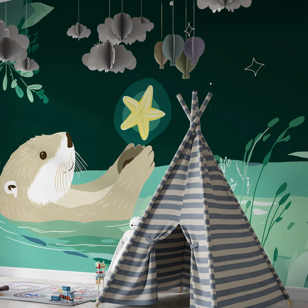 Papel de parede crianç | Feliz lontra com estrela do mar sob um céu estrelado