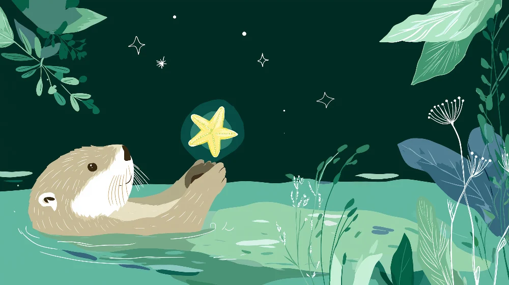 Papel de parede crianç | Feliz lontra com estrela do mar sob um céu estrelado