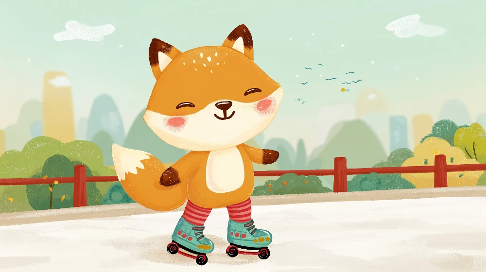 Papel de parede crianç | Feliz raposa de patins em um parque ao fundo
