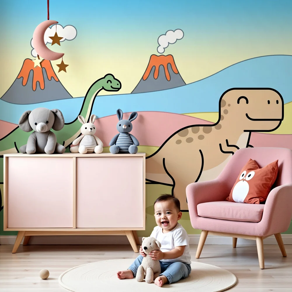 Papel de parede crianç | Felizes dinossauros na natureza
