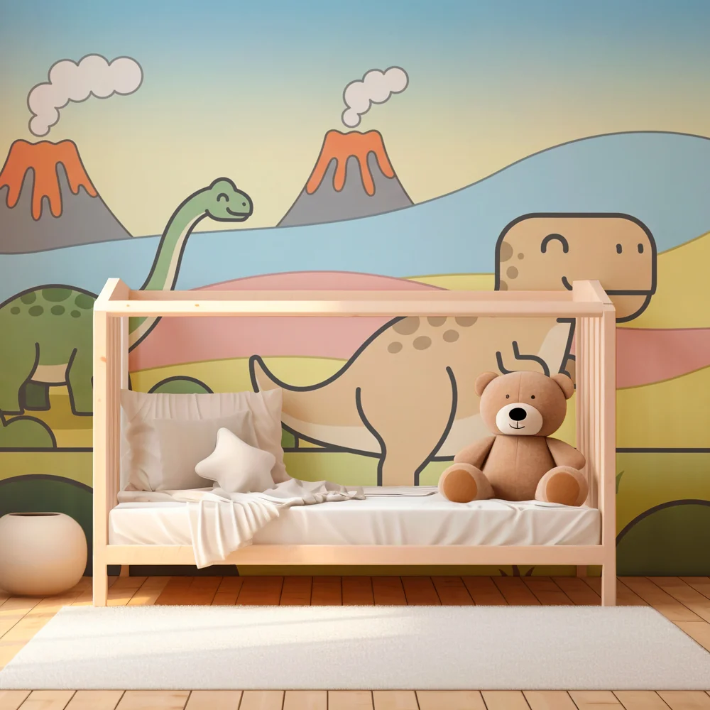 Papel de parede crianç | Felizes dinossauros na natureza