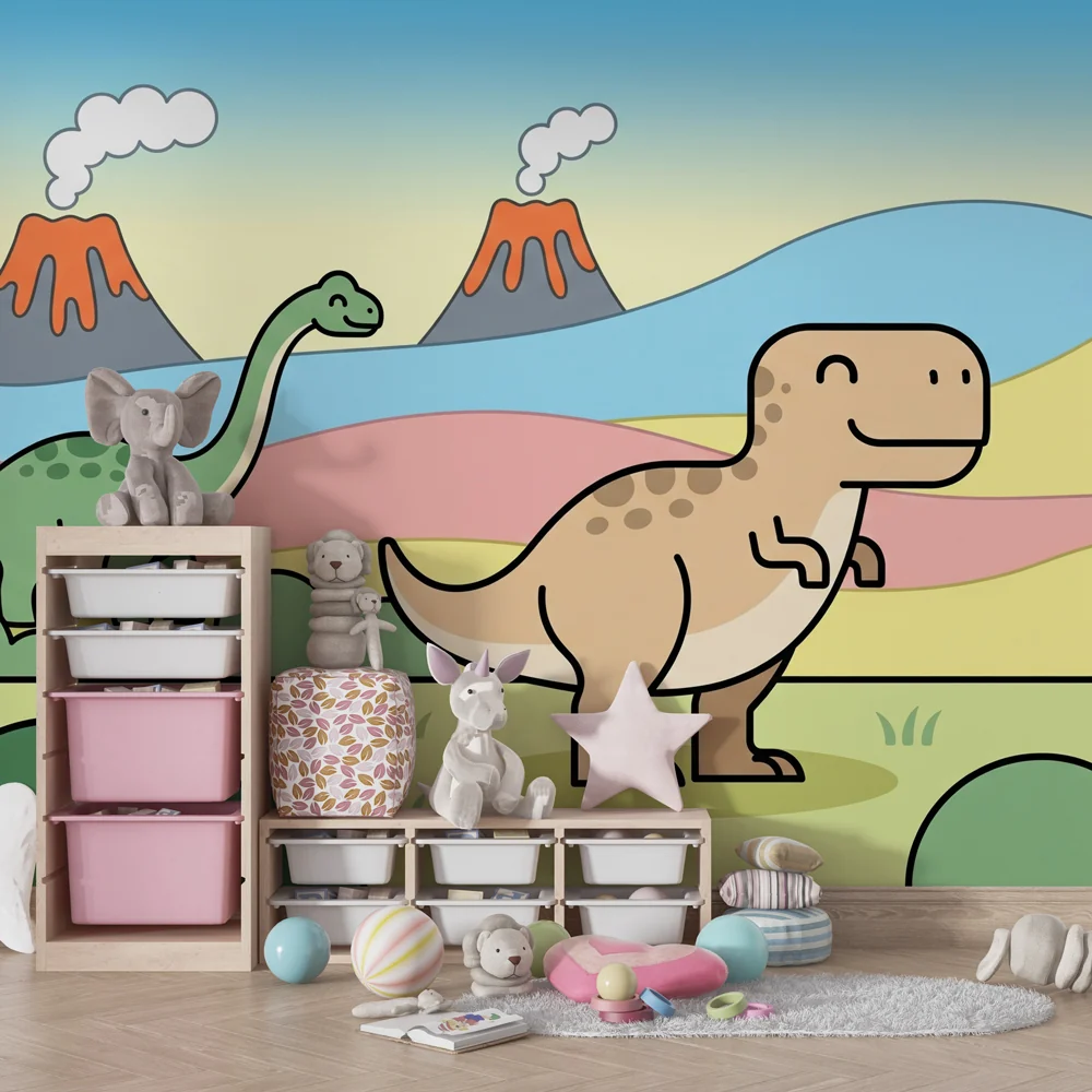 Papel de parede crianç | Felizes dinossauros na natureza