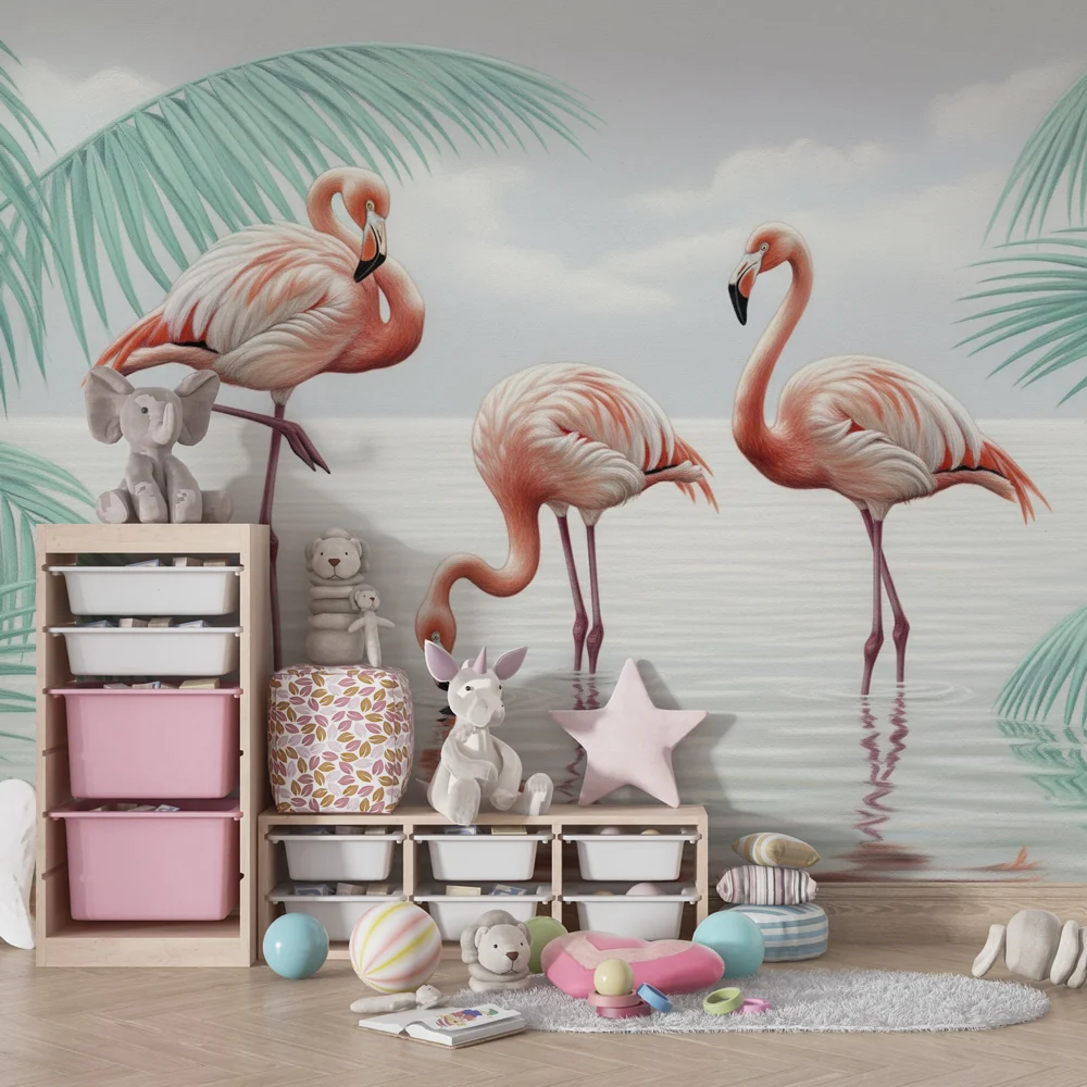 Papel de parede crianç | Flamingos e palmeiras tropicais