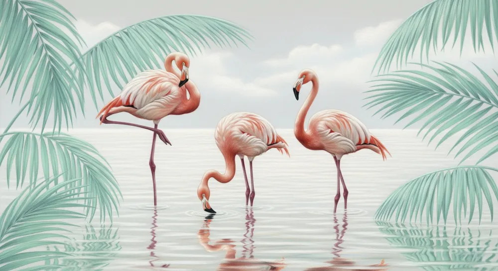 Papel de parede crianç | Flamingos e palmeiras tropicais