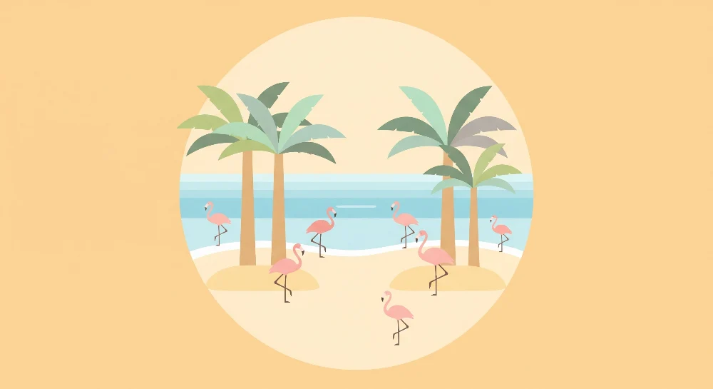 Papel de parede crianç | Flamingos e palmeiras em uma praia ensolarada