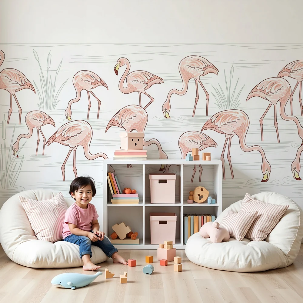 Papel de parede crianç | Flamingos em uma paisagem aquática tranquila
