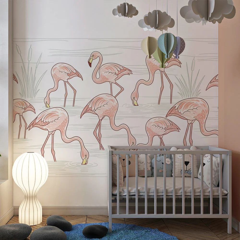 Papel de parede crianç | Flamingos em uma paisagem aquática tranquila