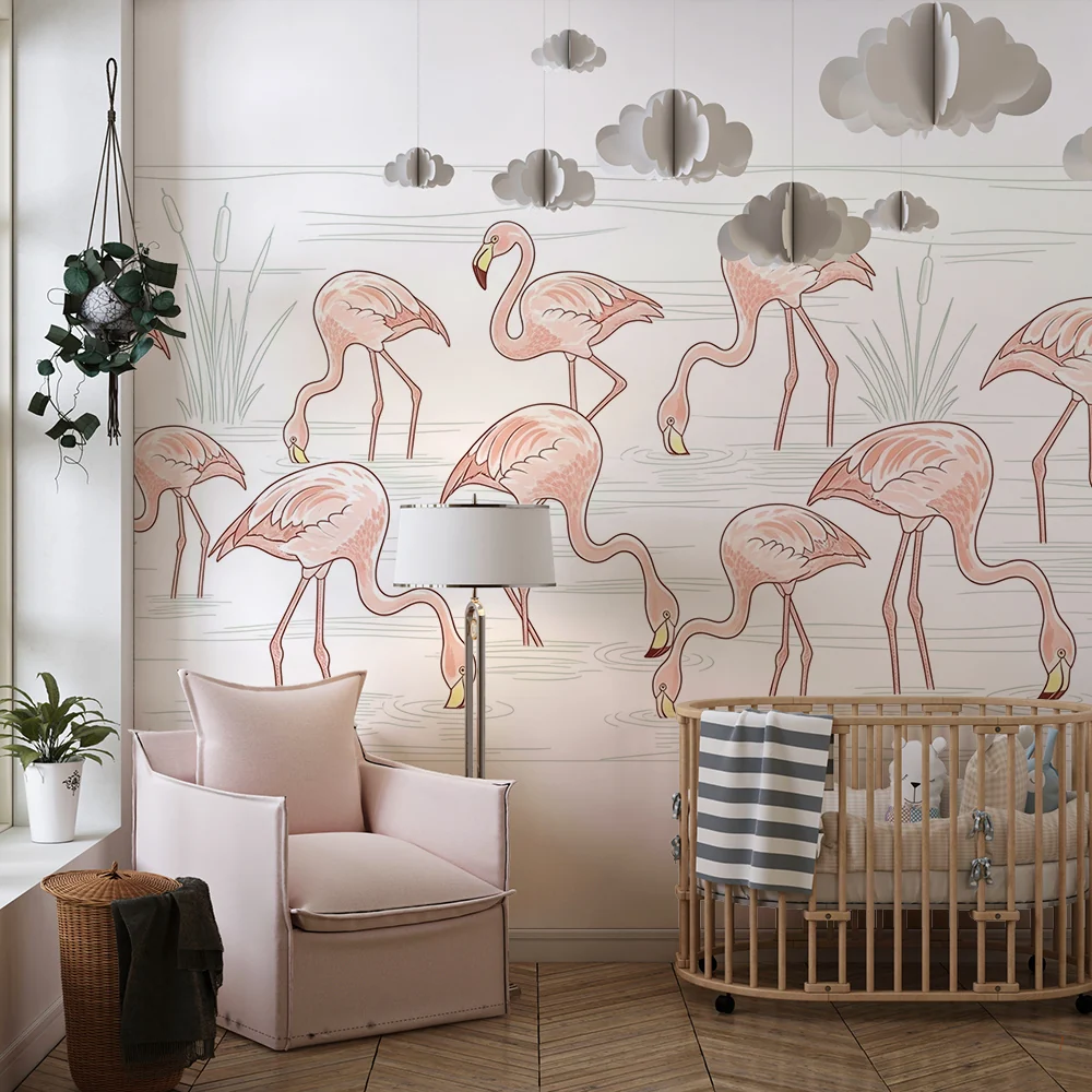 Papel de parede crianç | Flamingos em uma paisagem aquática tranquila
