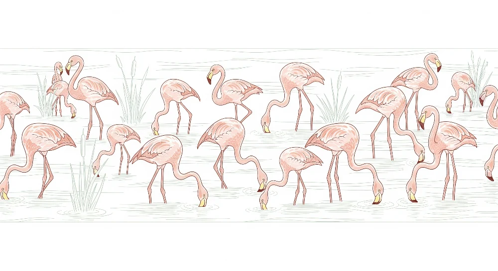 Papel de parede crianç | Flamingos em uma paisagem aquática tranquila