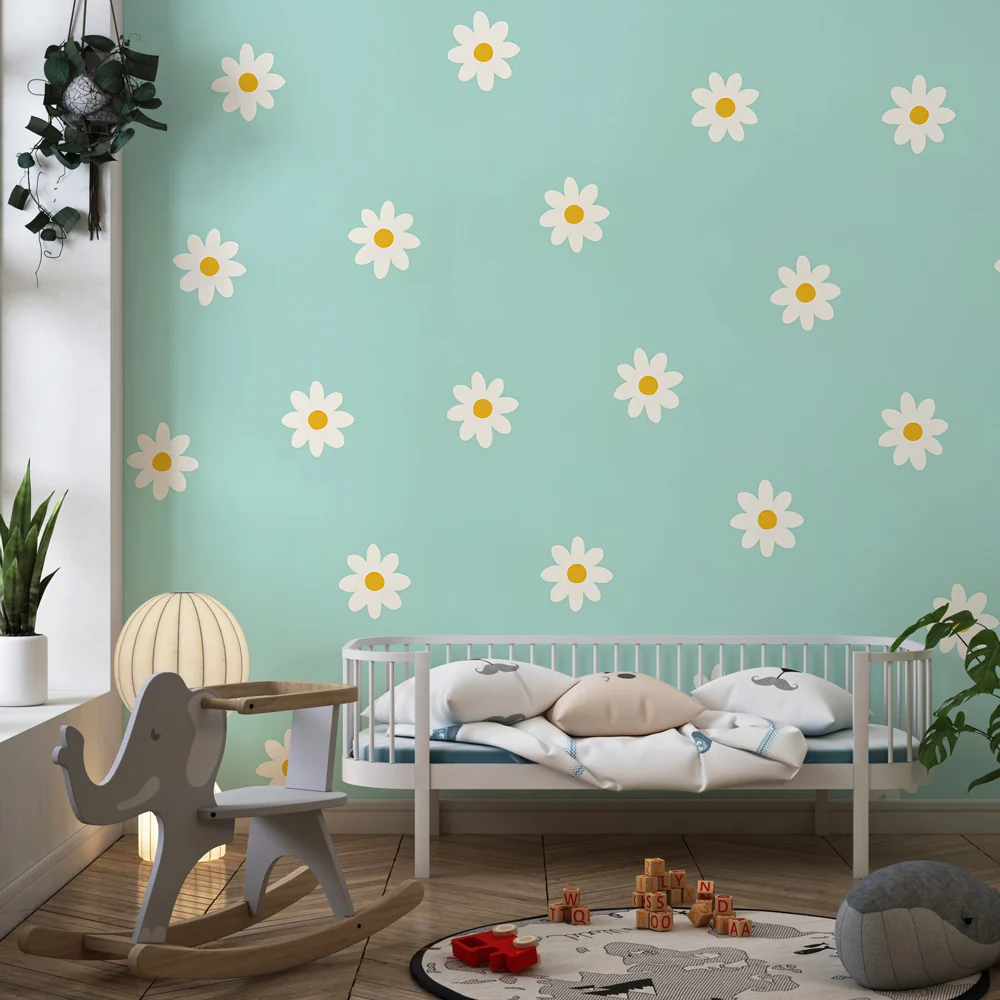Papel de parede crianç | Flores brancas em fundo azul claro