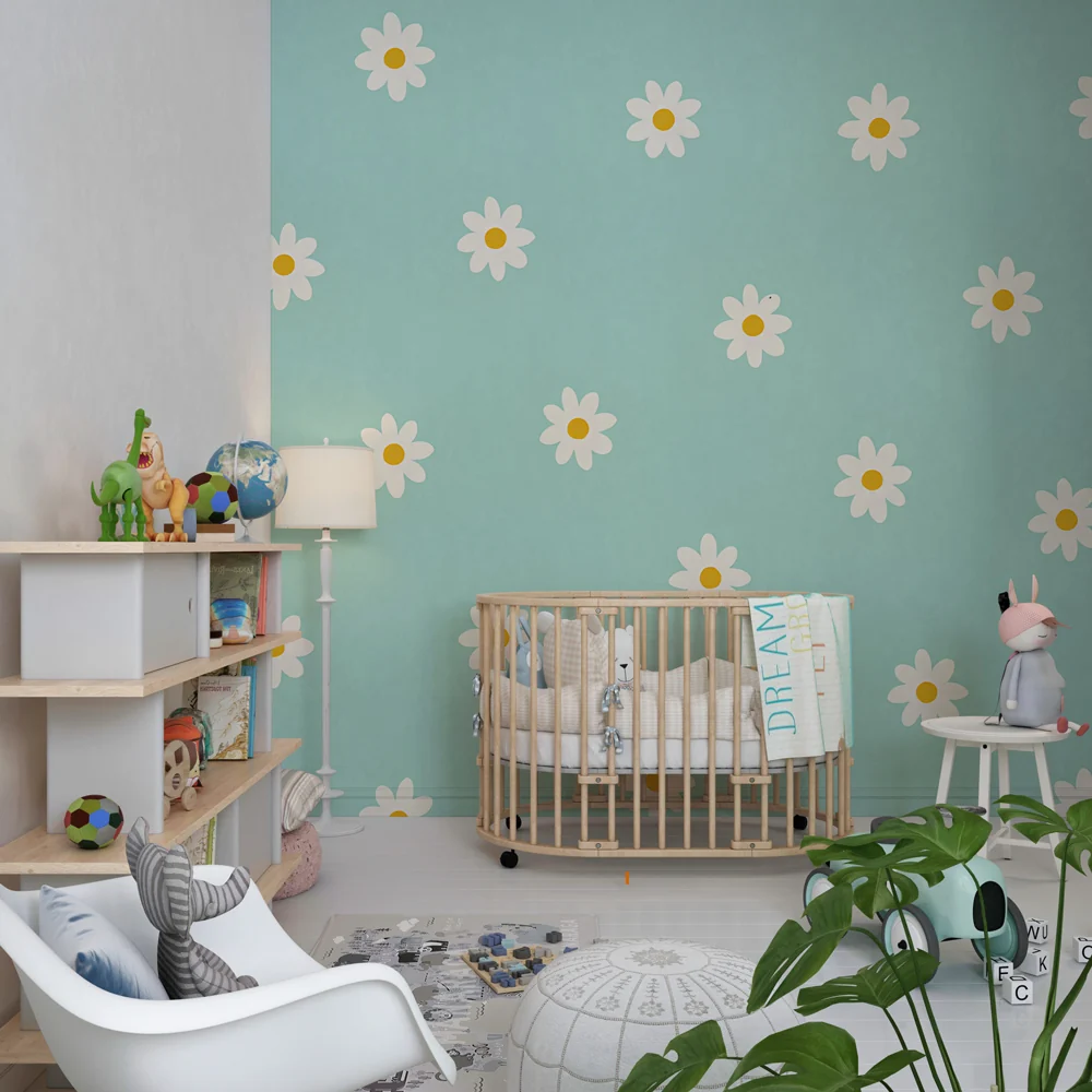 Papel de parede crianç | Flores brancas em fundo azul claro