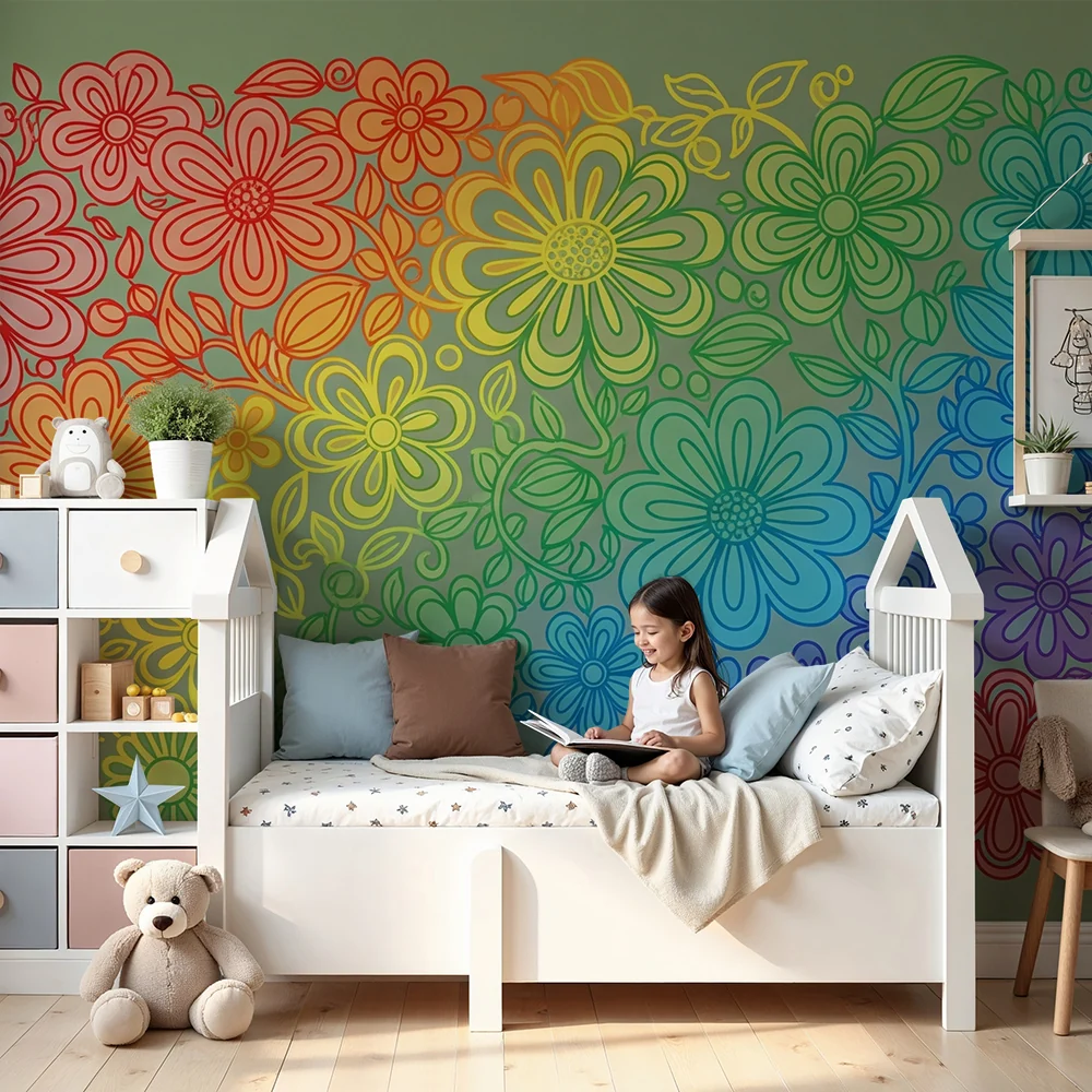 Papel de parede crianç | Flores coloridas em degradê arco-íris