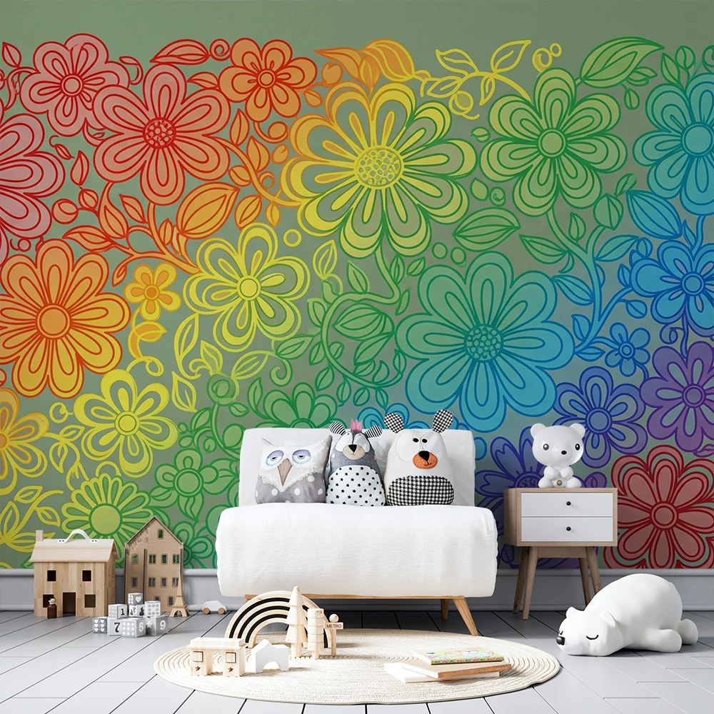 Papel de parede crianç | Flores coloridas em degradê arco-íris
