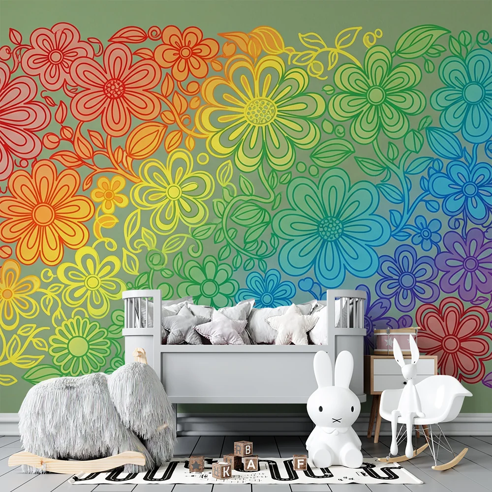 Papel de parede crianç | Flores coloridas em degradê arco-íris