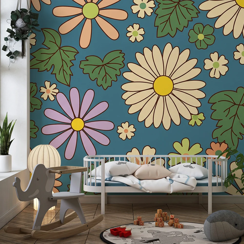Papel de parede crianç | Flores coloridas e folhagem em fundo azul
