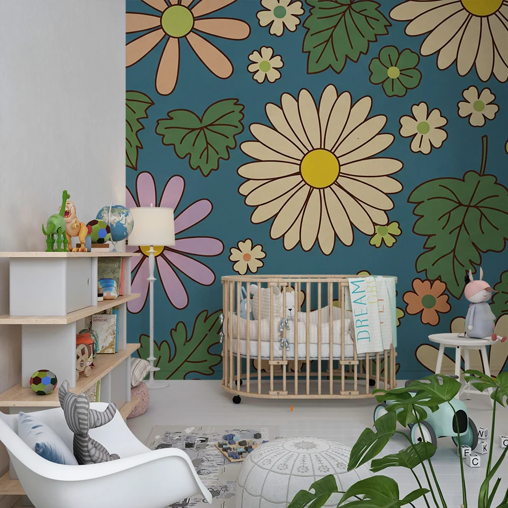 Papel de parede crianç | Flores coloridas e folhagem em fundo azul