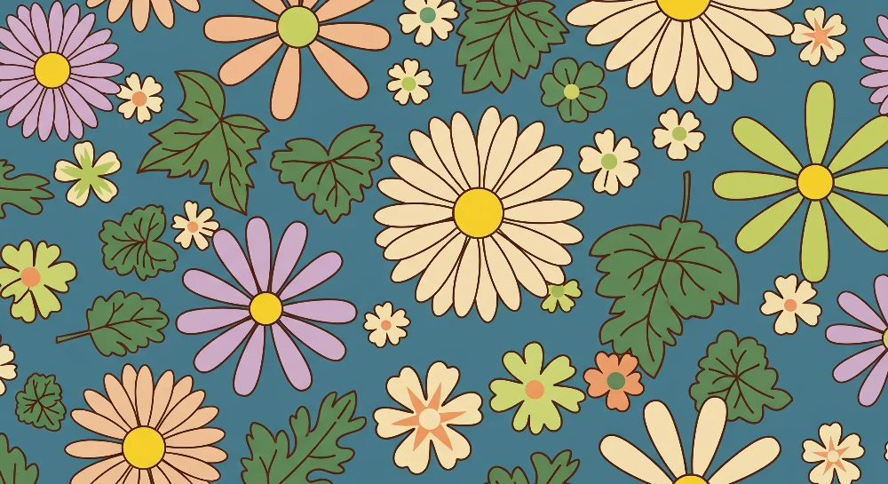 Papel de parede crianç | Flores coloridas e folhagem em fundo azul