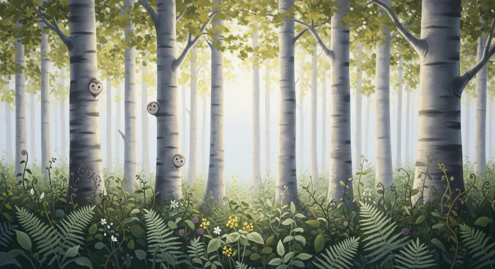 Papel de parede crianç | Floresta encantada com corujas e folhagem verde