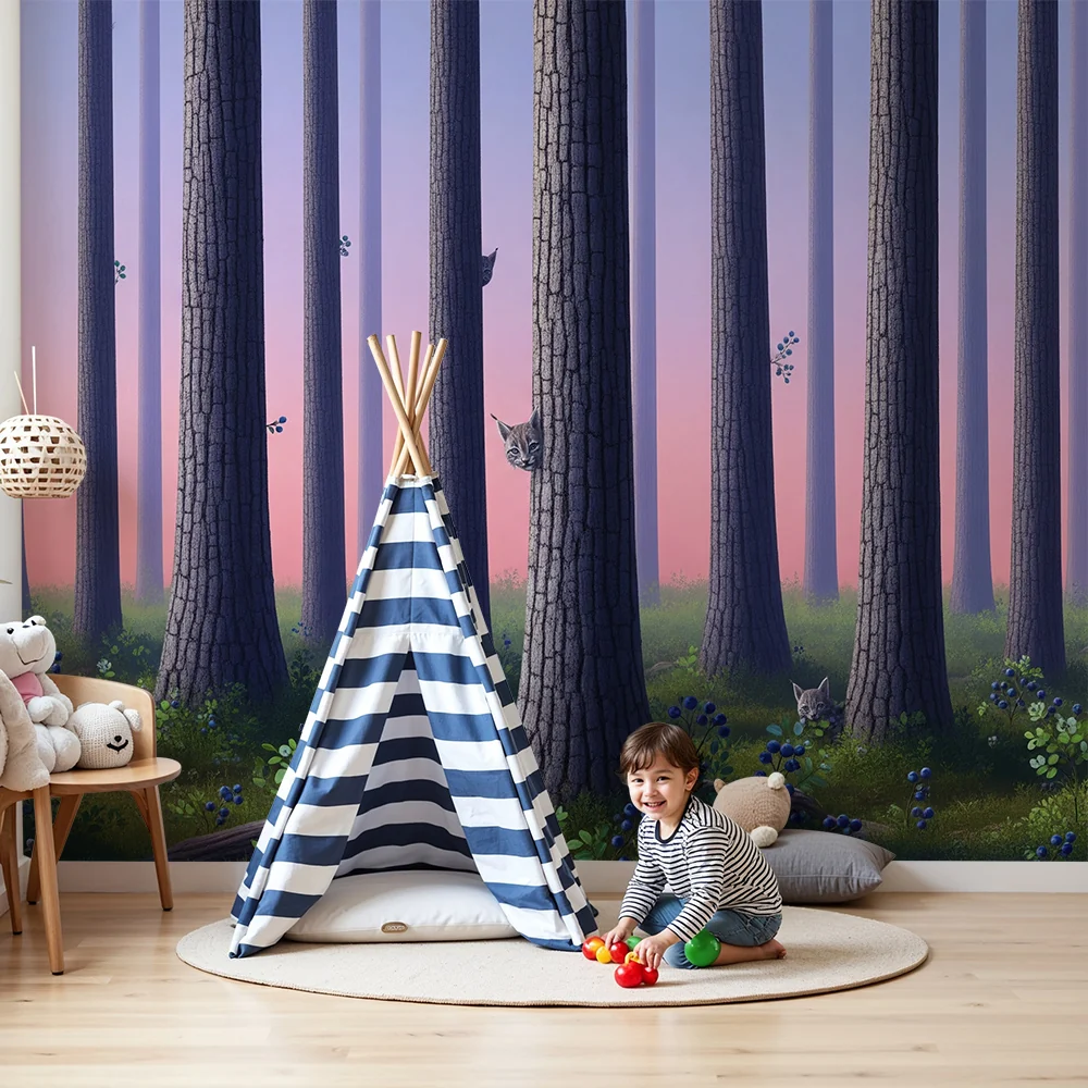 Papel de parede crianç | Floresta encantada com linces curiosos