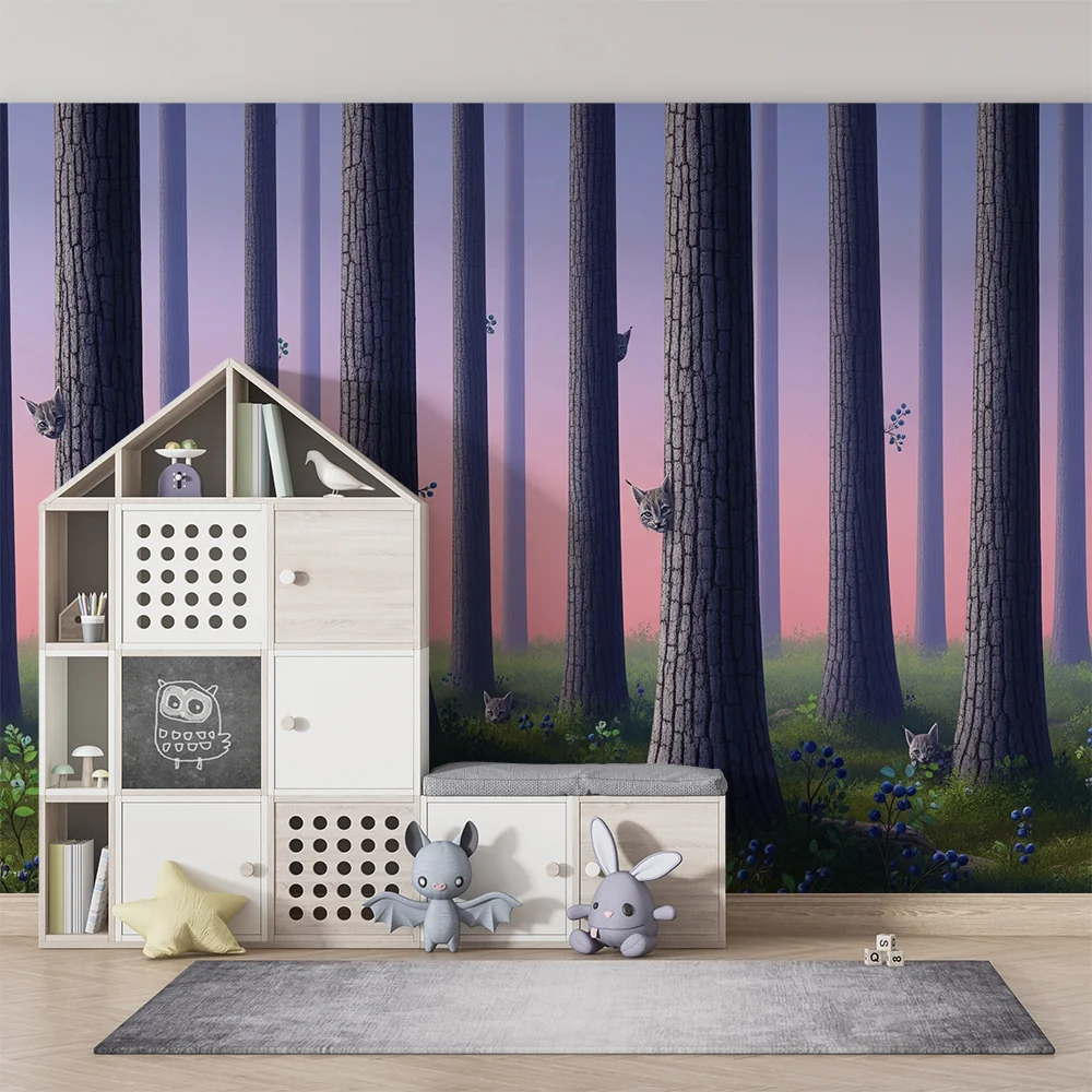 Papel de parede crianç | Floresta encantada com linces curiosos