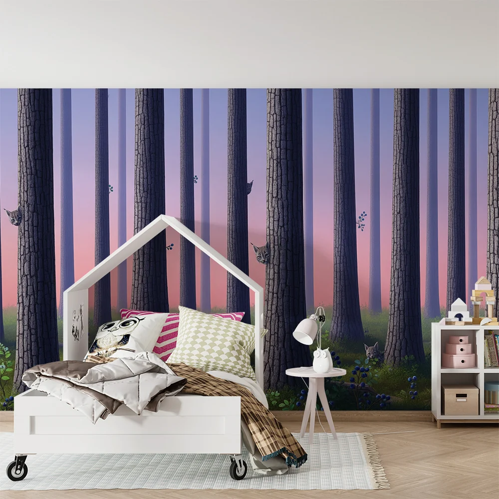 Papel de parede crianç | Floresta encantada com linces curiosos