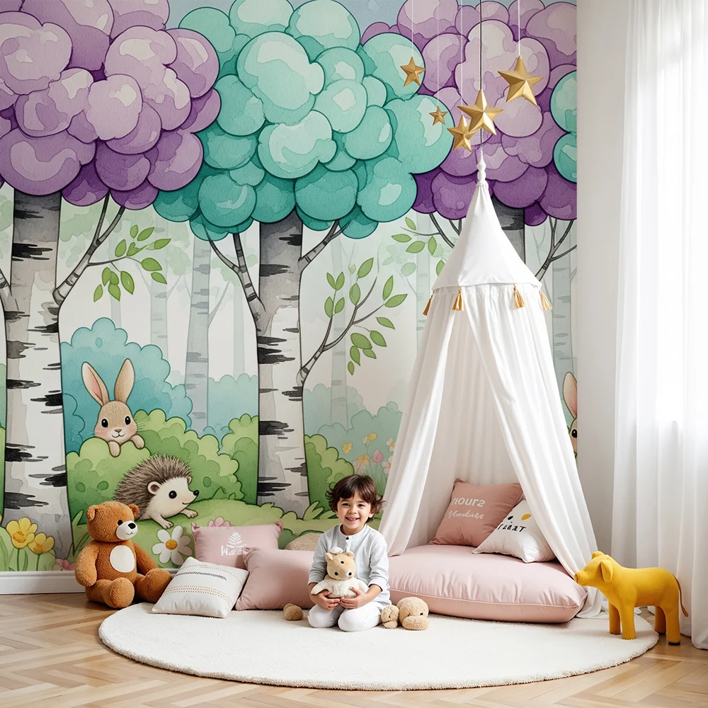 Papel de parede crianç | Floresta encantada com coelhos e ouriços