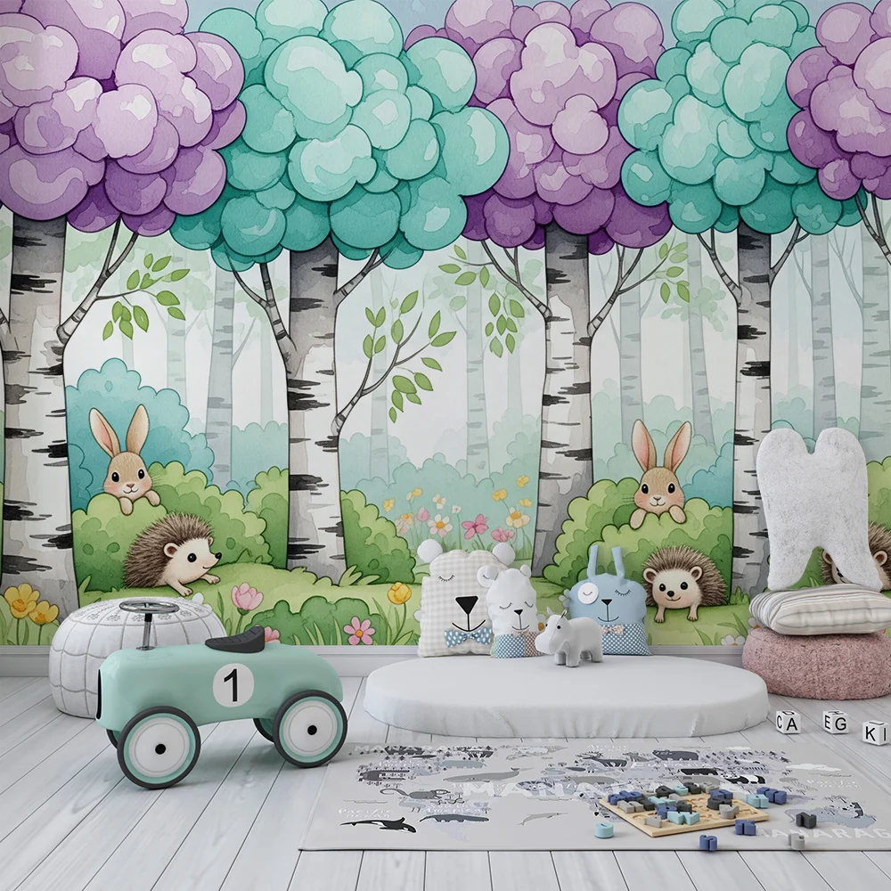 Papel de parede crianç | Floresta encantada com coelhos e ouriços
