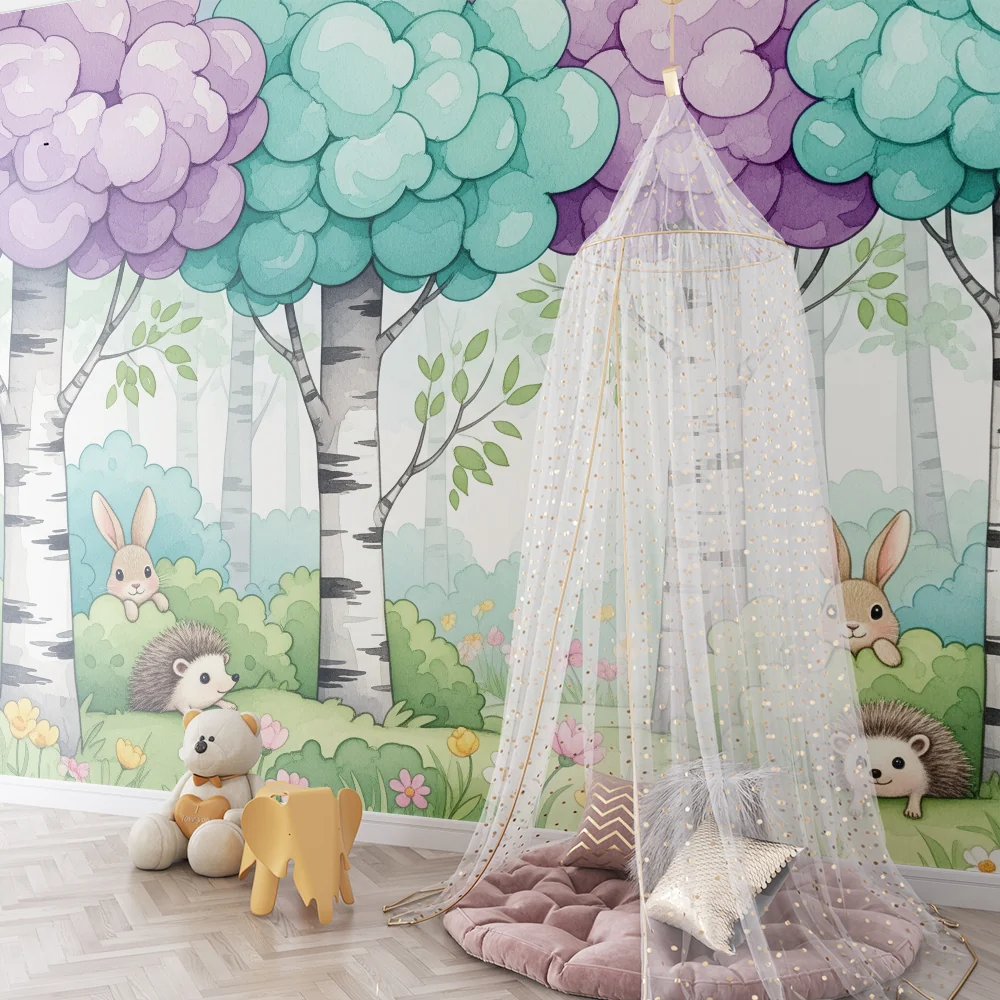 Papel de parede crianç | Floresta encantada com coelhos e ouriços