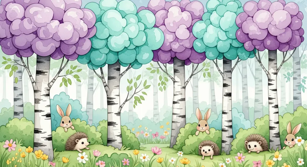 Papel de parede crianç | Floresta encantada com coelhos e ouriços